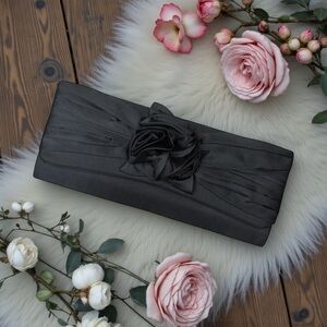 Vintage Black Satin Pleated Rosette Rectangular Formal Clutch Evening Bag